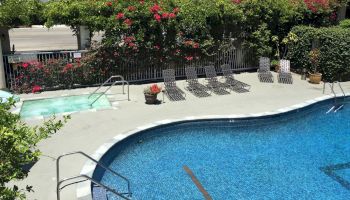 An outdoor hotel pool with lounge chairs, bright flowers, and an apartment building in view, with a &ldquo;KIKADO&rdquo; sushi sign nearby.