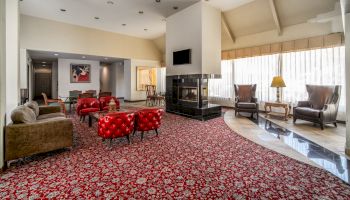 A spacious living room with red patterned carpet, sofas, a central fireplace, wall art, and large windows with sheer curtains.
