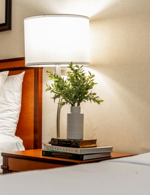 A cozy hotel bedroom scene with a bedside table, glowing lamp, potted plant, stacked books, and striped pillows.