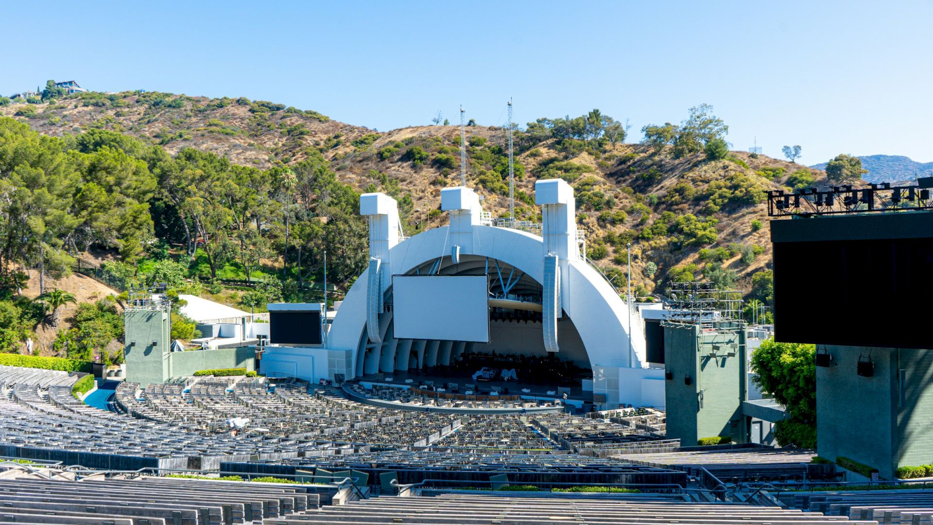 The Hollywood Bowl band shell and amphitheater seating set against the Hollywood Hills