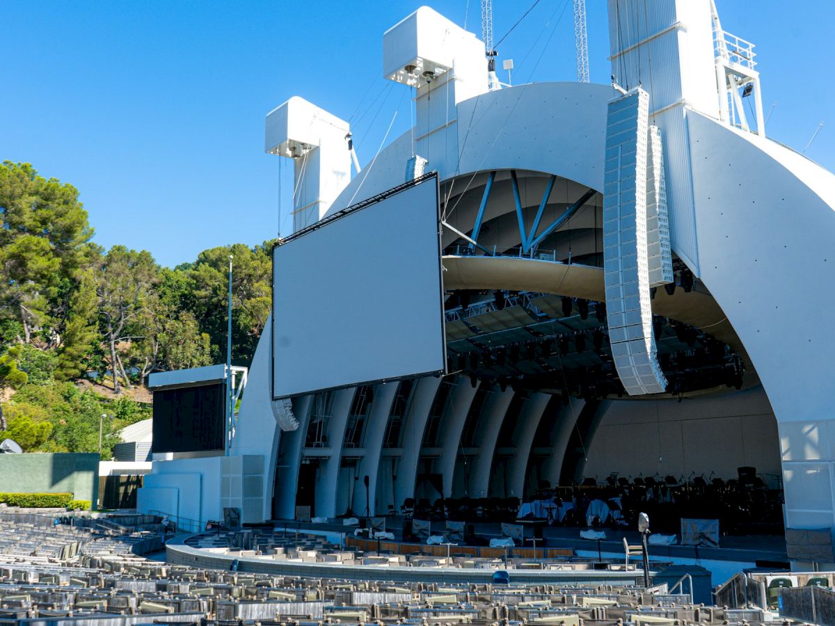 Close view of the Hollywood Bowl stage and its white band shell